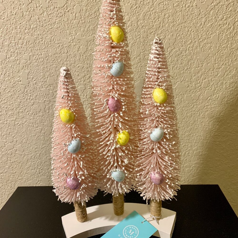 NWT Martha Stewart Pink Bottle Brush Easter Trees with Decorative Eggs